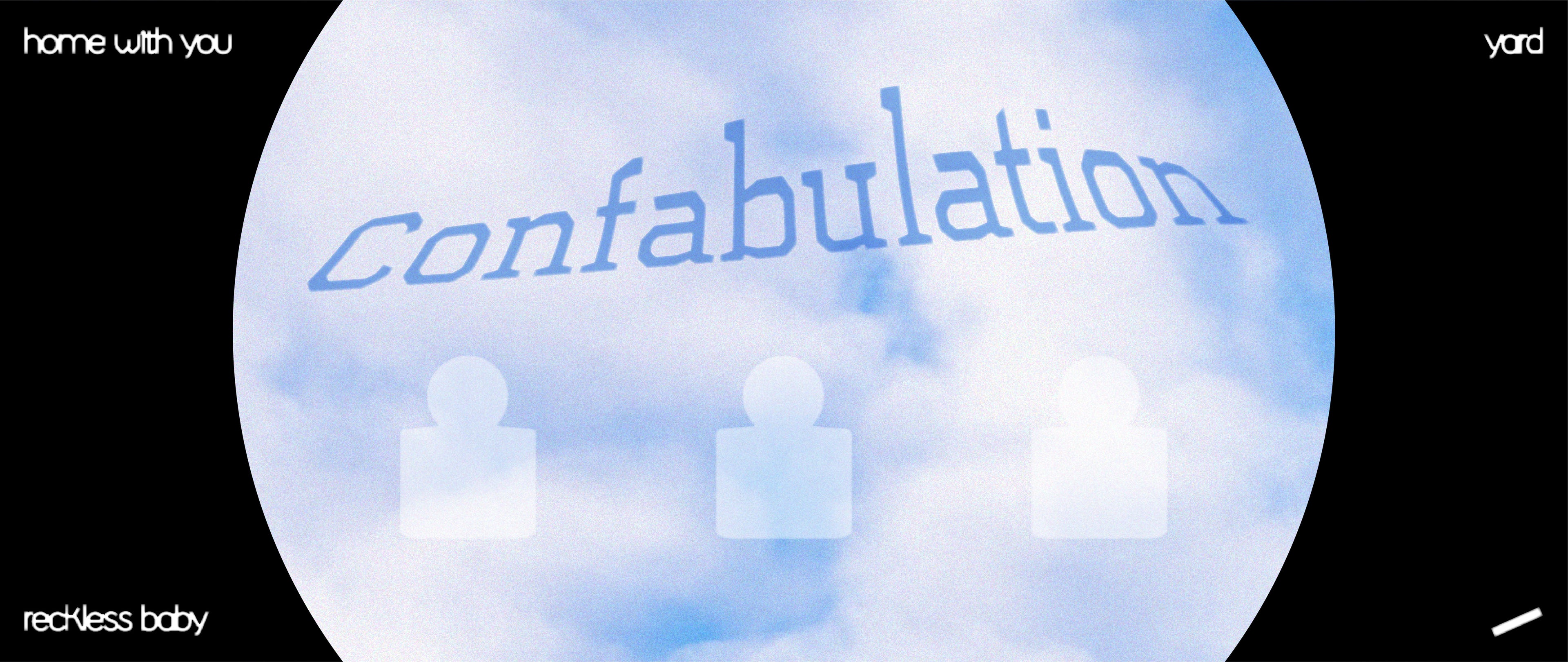 Blue sphere with 'confabulation' text and three hazy perfume bottle-shaped figures, against a black background with the text 'Home with you' in the upper left, 'Yard' in the upper right, and 'Reckless baby' in the lower left. A stylized 'Domestica' logo appears in the lower right.