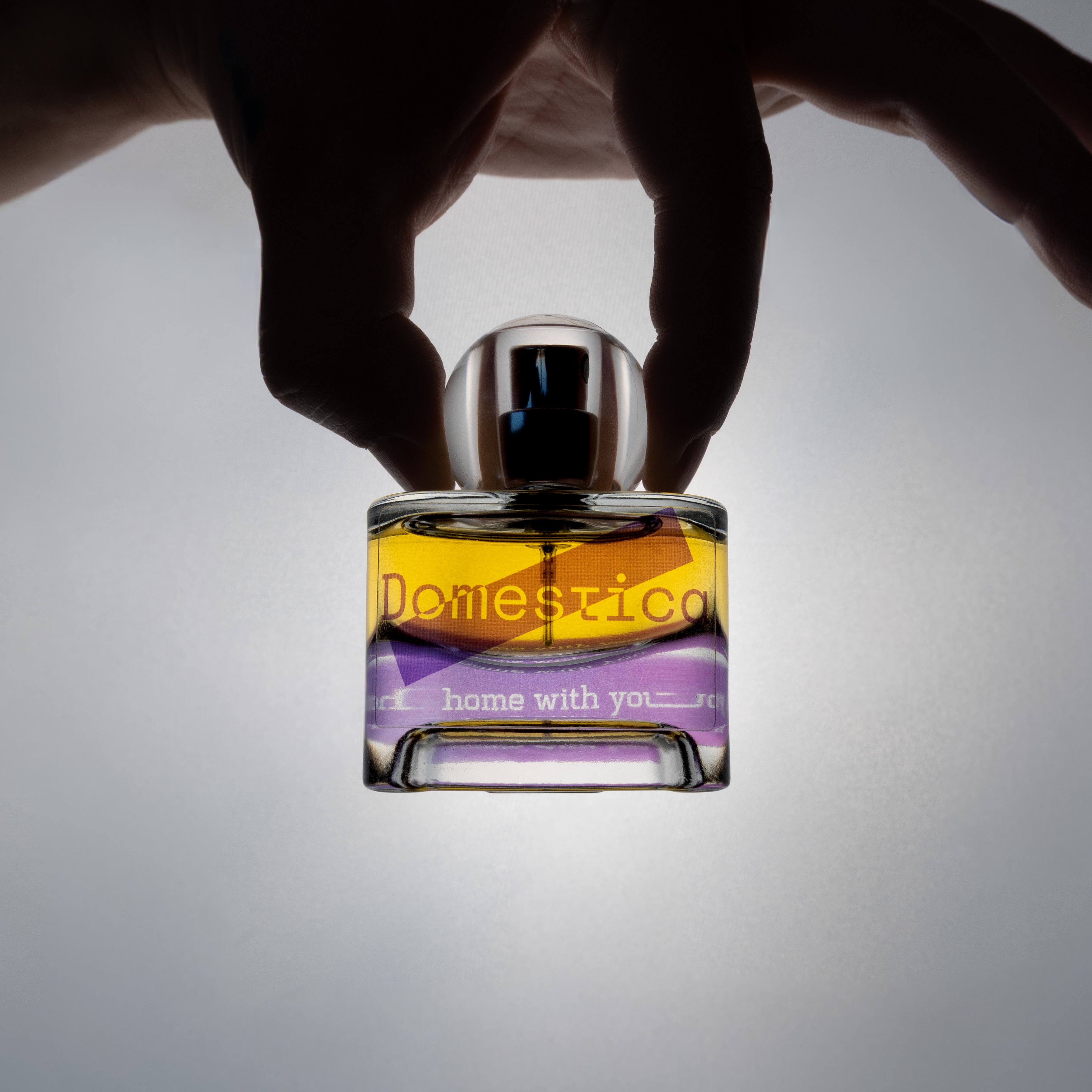 Perfume bottle labeled 'Domestica' and 'Home with you' held by a hand against a gray background.