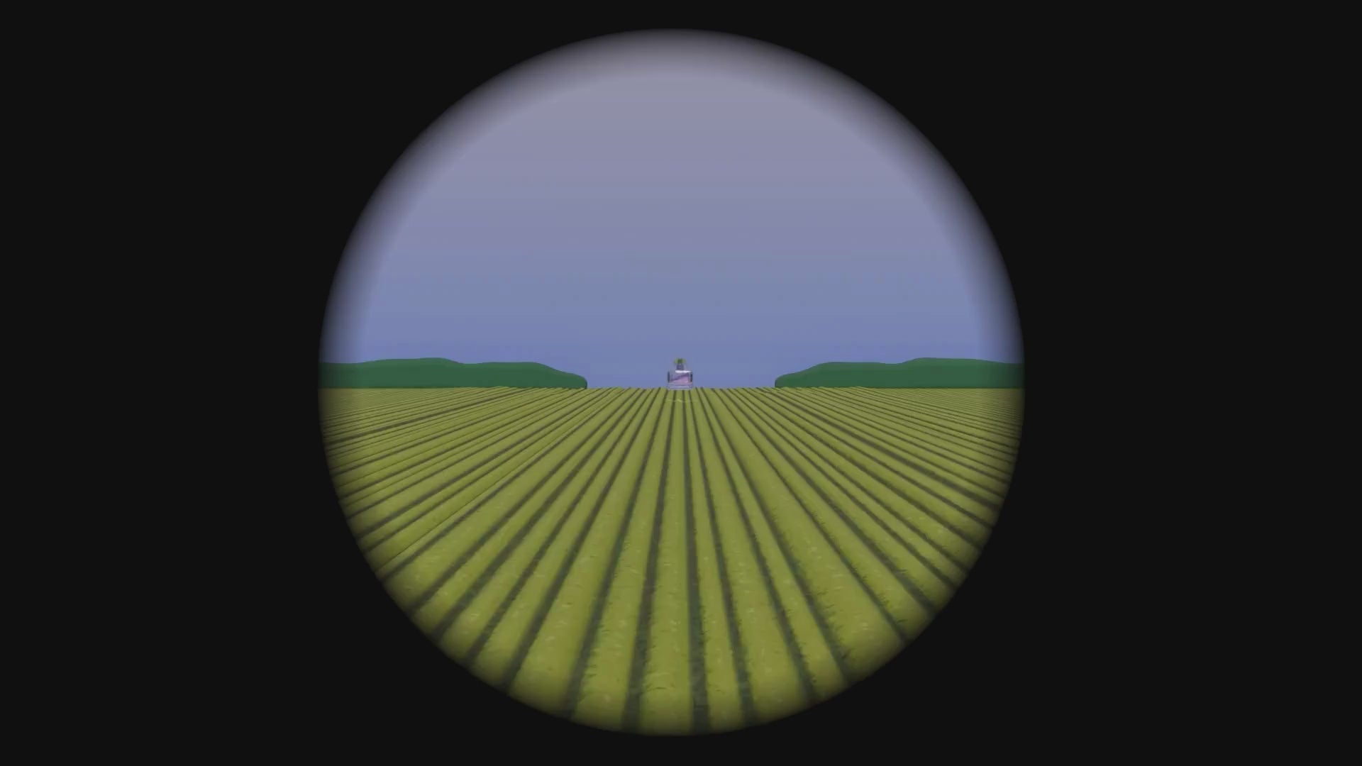 A 3D rendered crash-zoom of three perfumes in a field surrounded by bushes. Each perfume rotates before the next one.